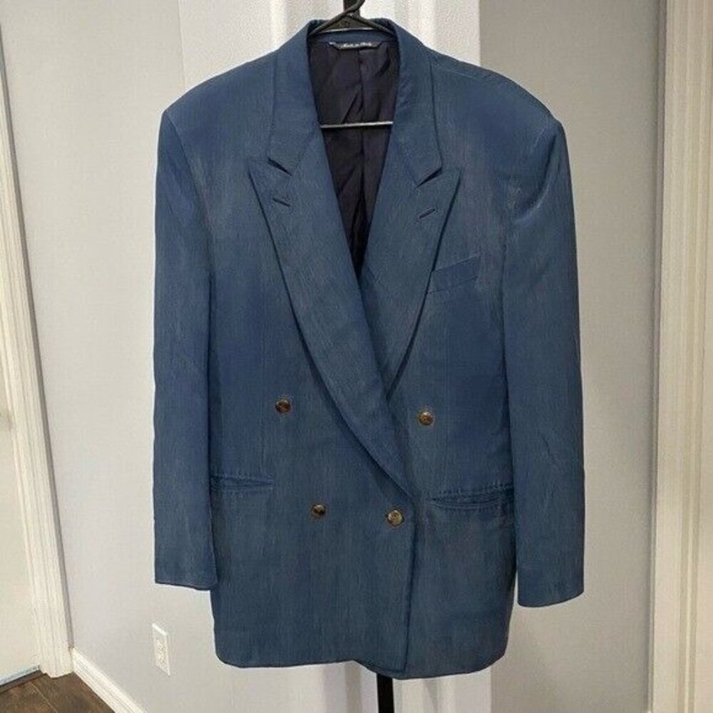 Canali Navy Blue Suit Blazer Jacket Shoulder Pads Size 48R Vintage-Made In Italy - Picture 1 of 14